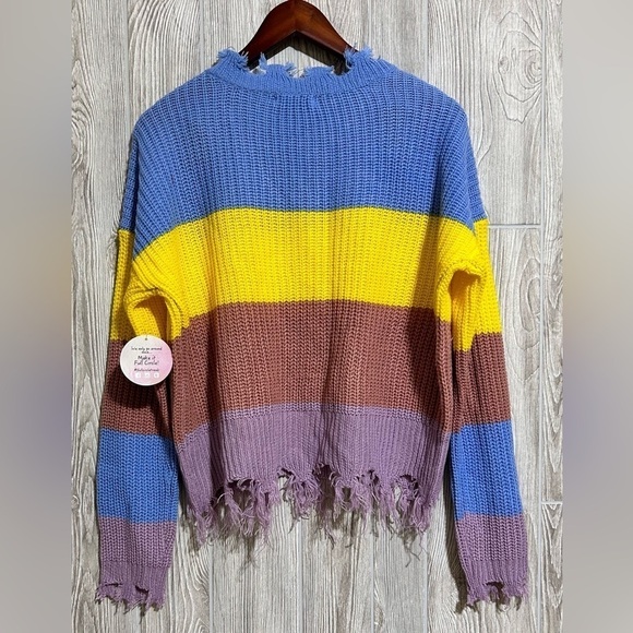 Color Block Frayed Distressed Hem V-Neck Sweater Size XL - Picture 6 of 6